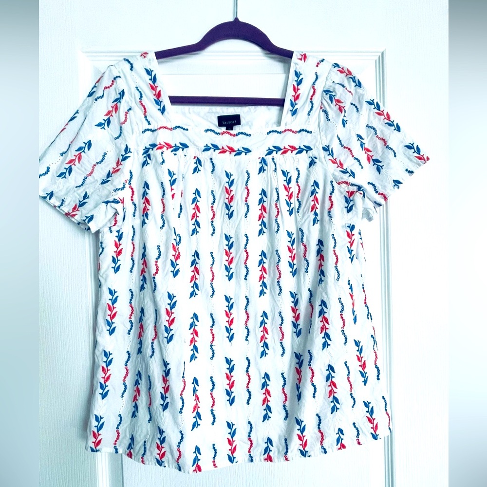 Talbots Short Sleeve Top with Red and Blue Leaf Pattern